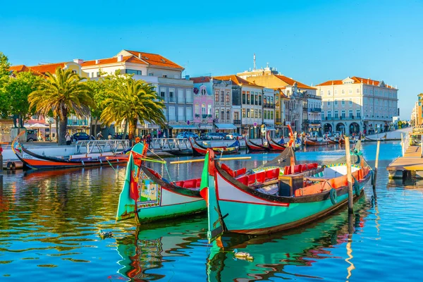Moliceiro gemileri Aveiro 'nun merkez kanalı boyunca demirliyor.,