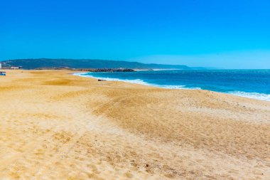 İnsanlar Portekiz 'de Nazare sahilinde güneşli bir günün tadını çıkarıyorlar.