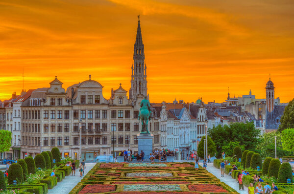 BRUSSELS, BELGIUM, AUGUST 4, 2018: People are enjoying sunset at
