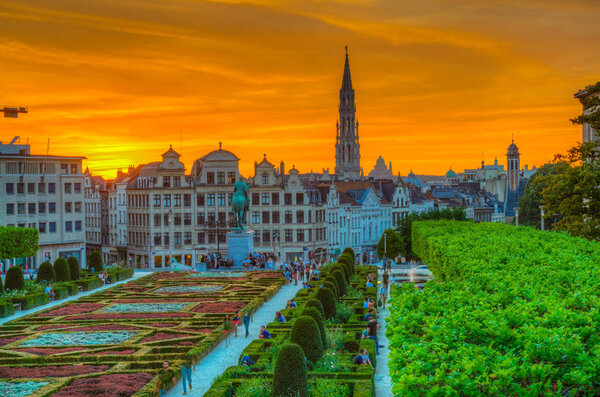 BRUSSELS, BELGIUM, AUGUST 4, 2018: People are enjoying sunset at