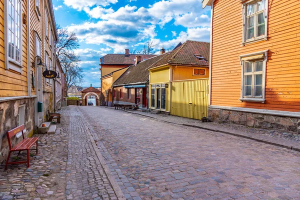 FREDRIKSTAD, NORVEGIA, 16 APRILE 2019: Tipiche case in legno — Foto Stock