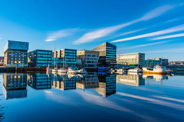 TRONDHEIM, NORWAY, APRIL 17, 2019: Marina in Trondheim with Rock — Stock Photo, Image