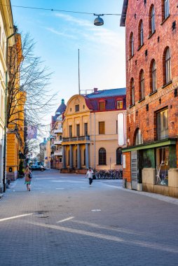 Gavle, İsveç, 22 Nisan 2019: Gavle şehir merkezindeki bir caddenin görüntüsü