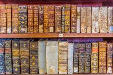 Coimbra, Portekiz, 21 Mayıs 2019: Joanina 'nın raflarındaki kitaplar