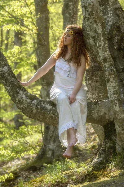 Meisje met rode haren in het forest — Stockfoto