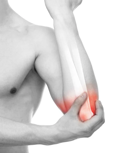 Elbow Injury - Studio shot with 3D illustration isolated on whit — Stock Photo, Image