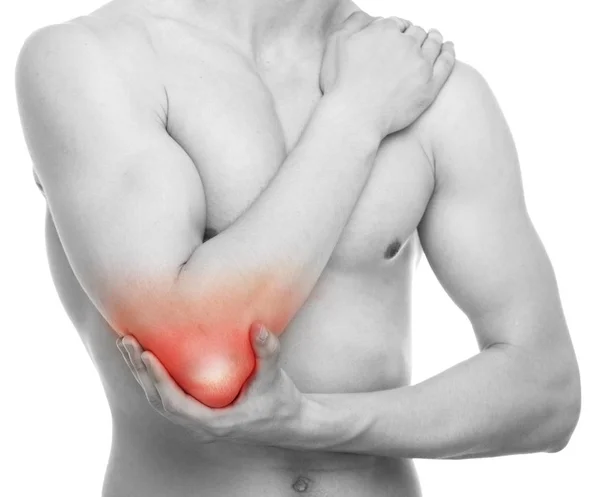 Man Elbow Pain - Estúdio tiro isolado em branco — Fotografia de Stock