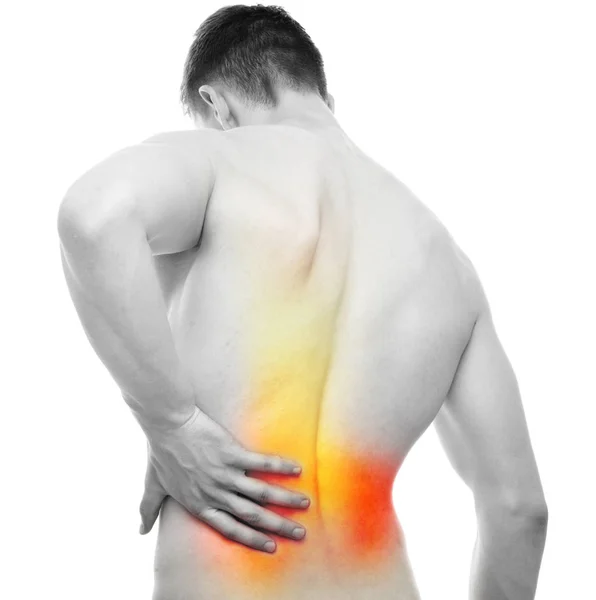 Dor nas costas - Estúdio tiro isolado no branco — Fotografia de Stock