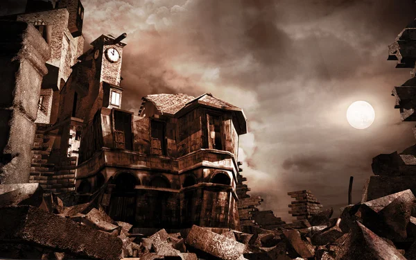 Ruined house and clock tower — Stock Photo, Image