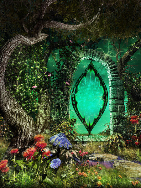 Fairytale scenery with magic portal and colorful flowers