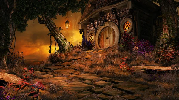 Dwarfs Cottage in the rays of a setting sun — Stock Photo, Image