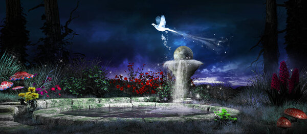 Night scene with wellspring and colorful plants