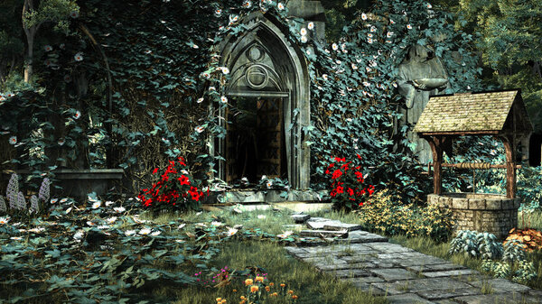 Entry to old gothic church with ruined pavement and well