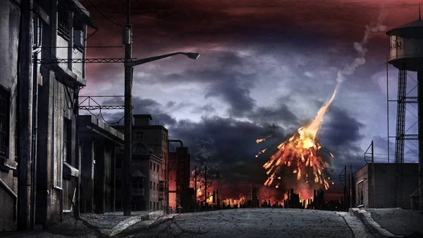 Şehrin üzerinde patlayan meteor — Stok fotoğraf