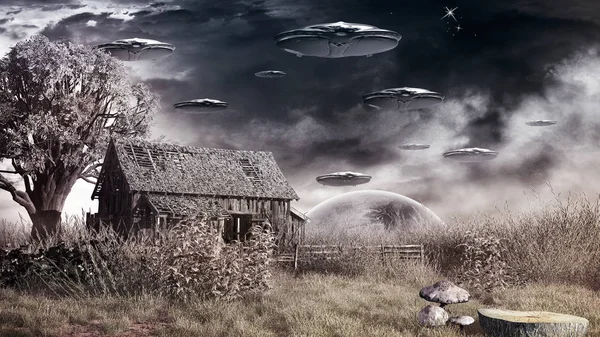 Alien ships over the old barn — Stock Photo, Image