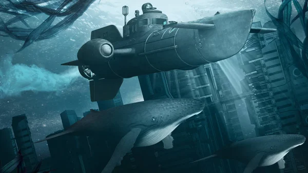 Submarino sobre a cidade afundada — Fotografia de Stock