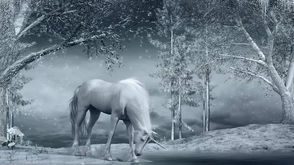 Unicorn nära en frusen bäck — Stockfoto
