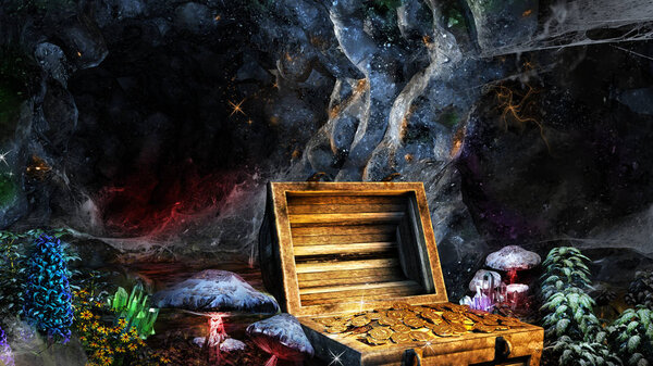 Colorful scene with treasure chest, mushrooms and crystals