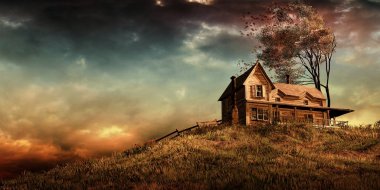 Günbatımı üzerinde eski kulübe