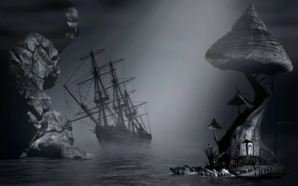 霧の風景と難破船 — ストック写真