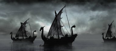 Fantasy boats in the fog clipart