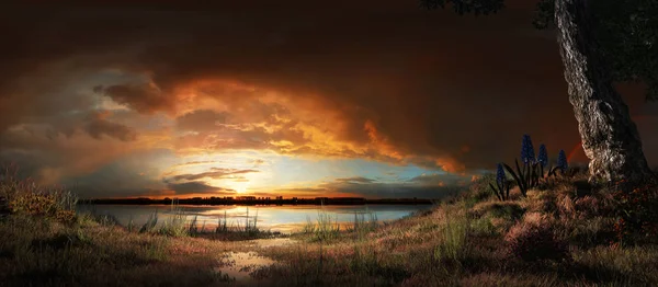 Червоне небо над озером — стокове фото