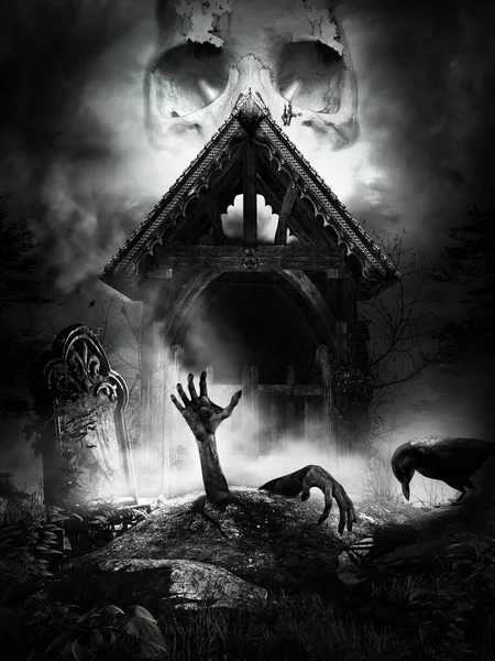 Gotická Scéna Náhrobkem Oživením Zombie — Stock fotografie