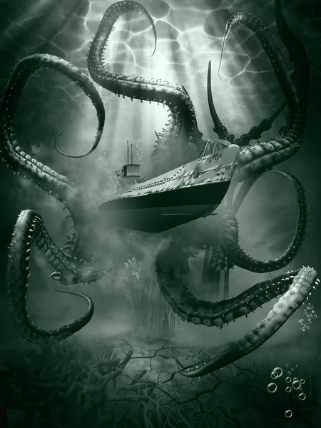 Underwater scene with giant tentacles and submarine