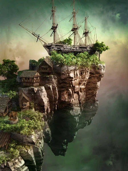 Fantasy Landscape Houses Wreckage Rock — Stock Photo, Image