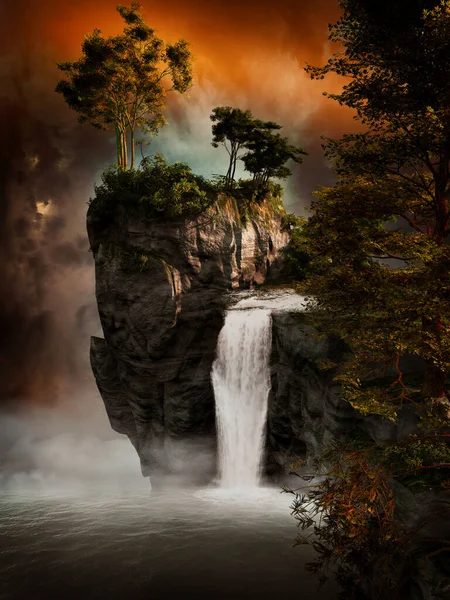 Herbstlandschaft Mit Bäumen Nebel Und Wasserfall — Stockfoto