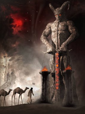 Develerin, develerin ve göçebelerin olduğu fantezi sahnesi