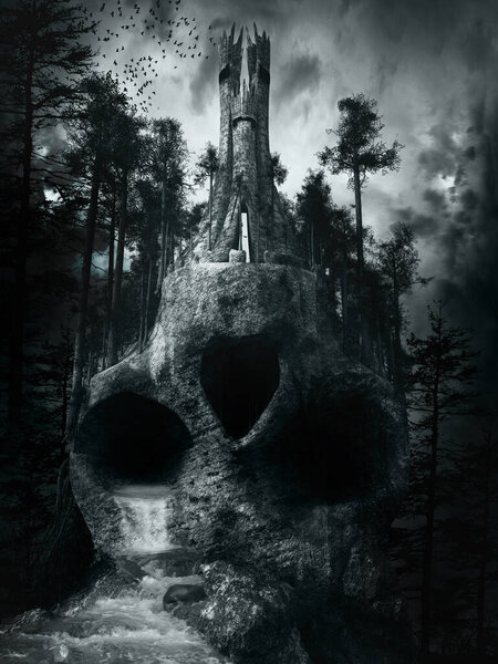 Mountain landscape with wizard tower, forest, rocks and waterfall