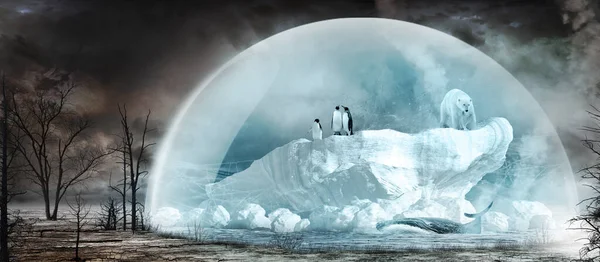 Landscape with polar bear and penguins closed in a glass dome on a desert