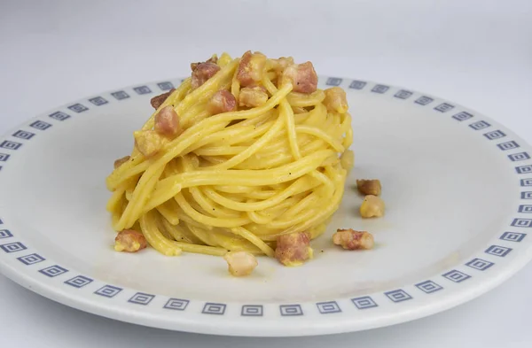 Massa Espaguete Alla Carbonara Prato Popular Para Fazer Casa — Fotografia de Stock
