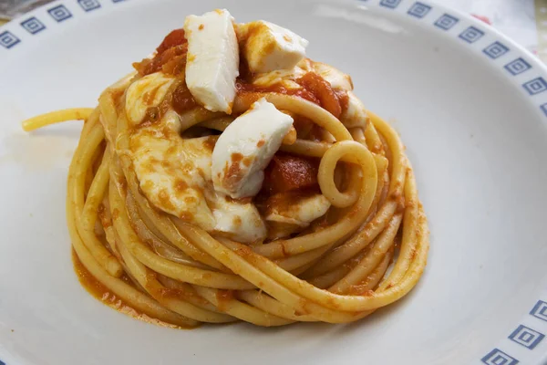 Bucatini Pasta Alla Sorrentina Mit Tomaten Und Mozzarella — Stockfoto