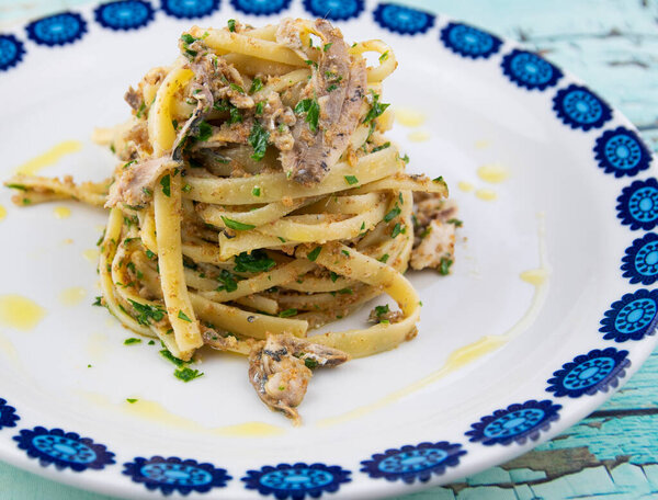 Bavette pasta with sardines and breadcrumbs, Italy