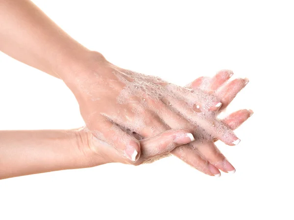 Menselijke handen in zeepschuim, dicht. Blanke persoon die zijn vingers wast, geïsoleerd op wit. — Stockfoto