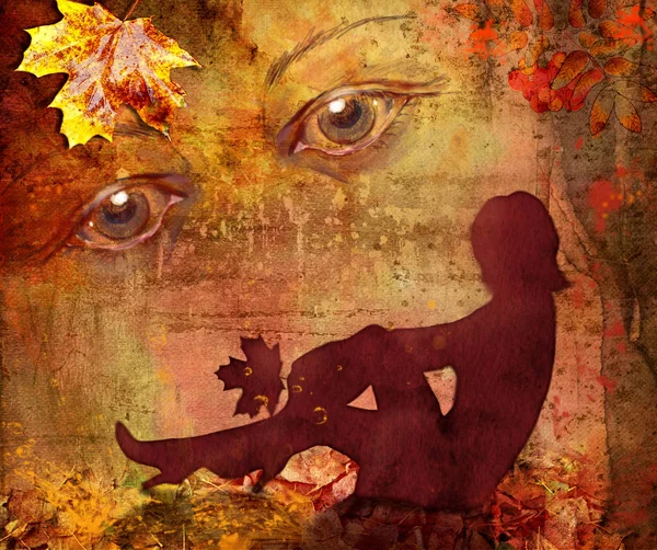 Silhouette der Frau auf hellem Herbsthintergrund — Stockfoto