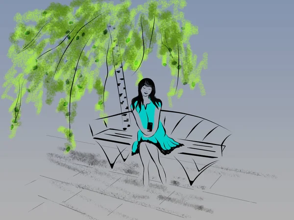 Schöne Mädchen wartet sitzt auf einer Bank unter einer Birke mit einem mobi — Stockfoto
