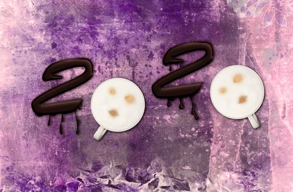 Simboli 2020 scritti da cioccolato e tazze da caffè — Foto Stock