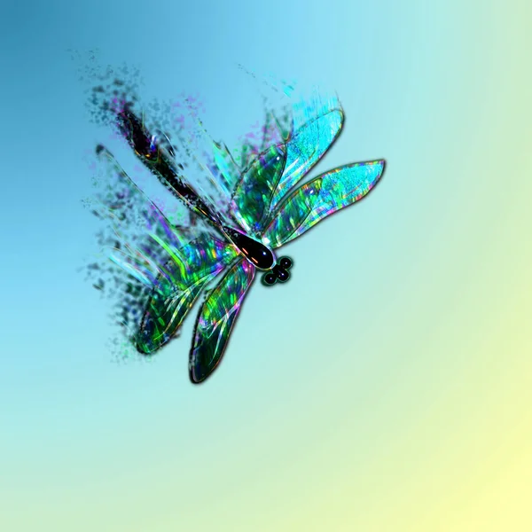 具有全息图效果的玻璃蜻蜓碎裂成部分 — 图库照片