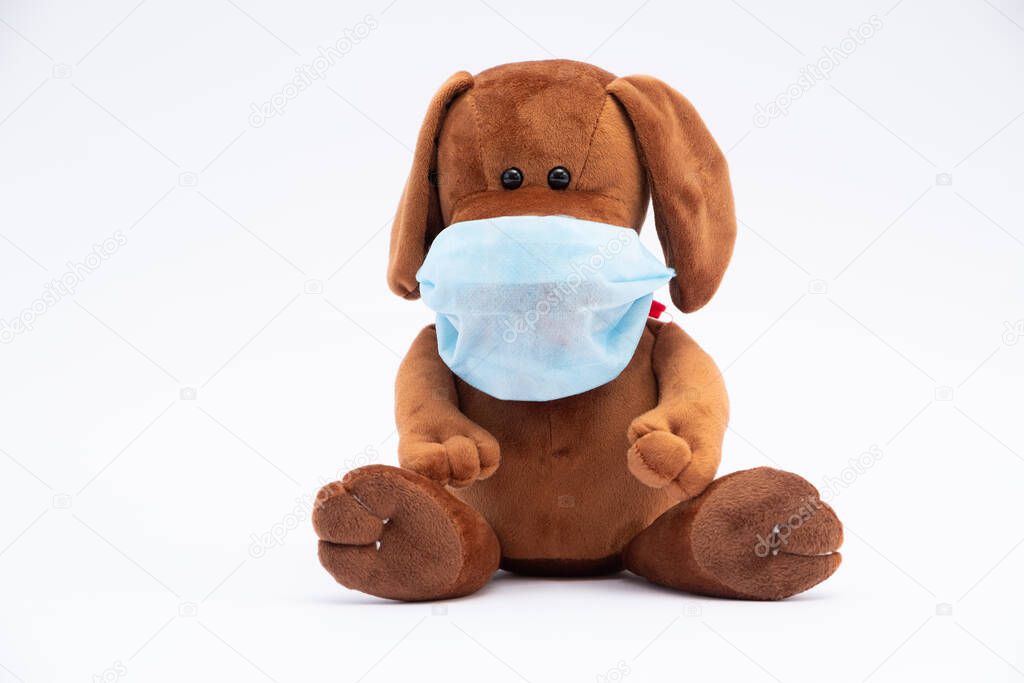 Children's plush dog in a protective gauze bandage; flu epidemic; virus protection