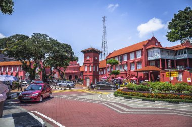Melaka, Malezya - 28 Temmuz 2019: Stadthuys Malacca şehrinin kalbinde yer alan tarihi bir yapıdır..
