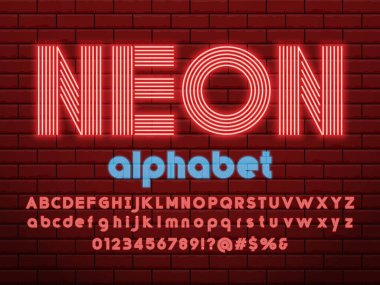 Büyük, küçük, sayılı ve sembollü parlak neon ışıklı alfabe tasarımı