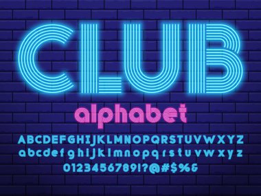 Büyük, küçük, sayılı ve sembollü parlak neon ışıklı alfabe tasarımı