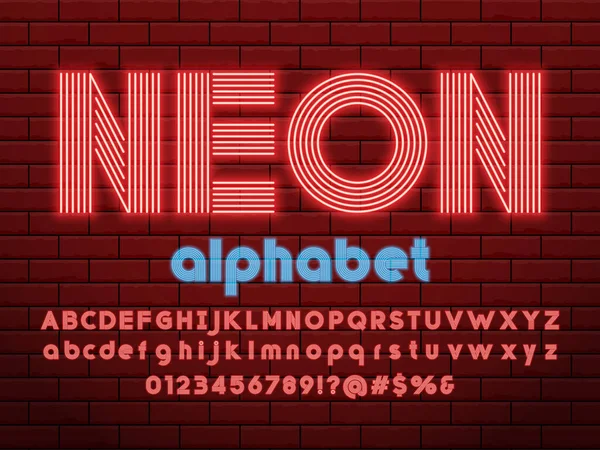 Lumineux Néon Conception Alphabet Lumineux Avec Majuscules Minuscules Chiffres Symbole — Image vectorielle