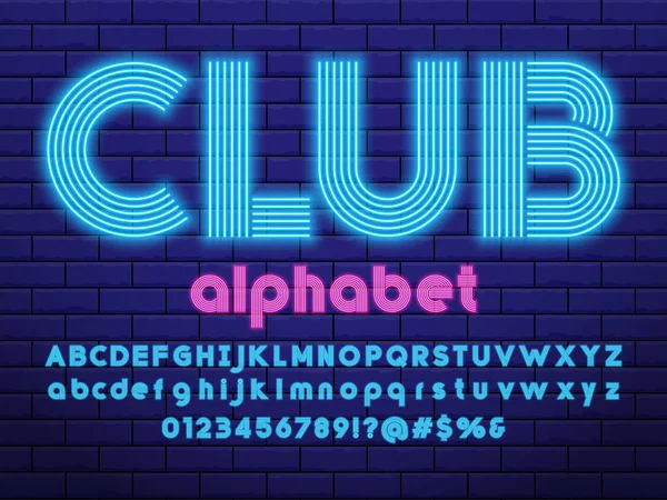 Leuchtendes Neonlicht Alphabet Design Mit Großbuchstaben Kleinbuchstaben Zahlen Und Symbol — Stockvektor