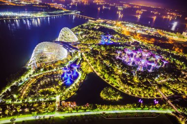 Marina Bay, Singapur yakınlarındaki Gardens 'taki Supertree Grove' un hava gece görüntüsü.