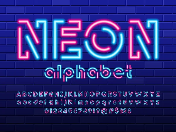 Ragyogó Neon Könnyű Ábécé Design Nagybetűvel Kisbetűvel Számokkal Szimbólumokkal — Stock Vector