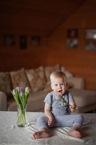 Niño Pequeño Montón Tulipanes —  Fotos de Stock